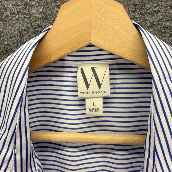 Worthington Shirt Women L Large Blue Striped Button Up Collared Short Sleeve - Picture 3 of 6